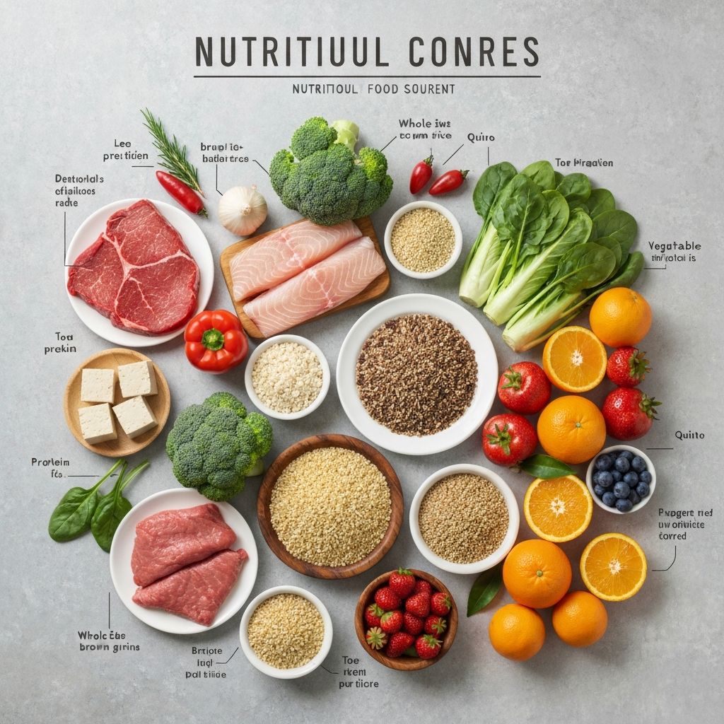 Variety of nutrient-dense foods including proteins and vegetables